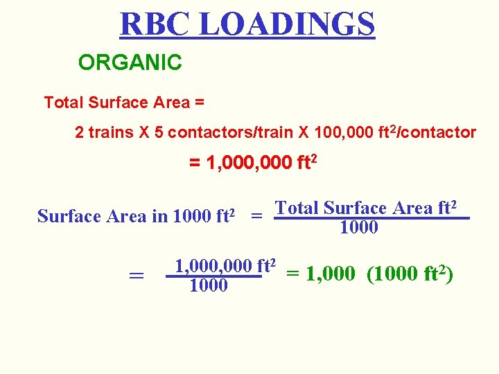 RBC LOADINGS ORGANIC Total Surface Area = 2 trains X 5 contactors/train X 100,