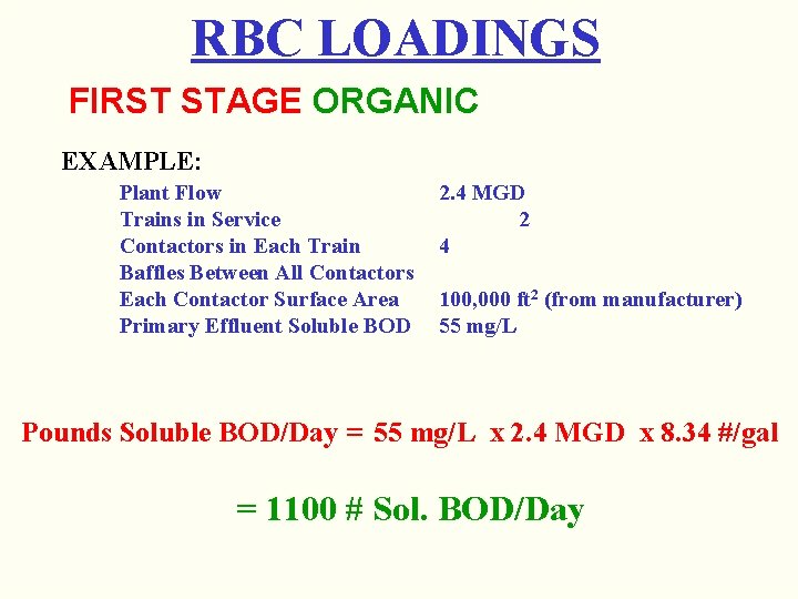 RBC LOADINGS FIRST STAGE ORGANIC EXAMPLE: Plant Flow Trains in Service Contactors in Each