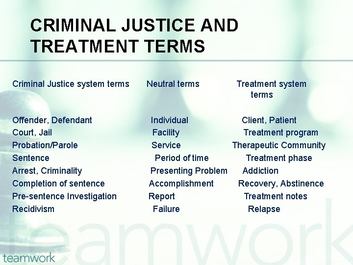 CRIMINAL JUSTICE AND TREATMENT TERMS Criminal Justice system terms Neutral terms Treatment system terms
