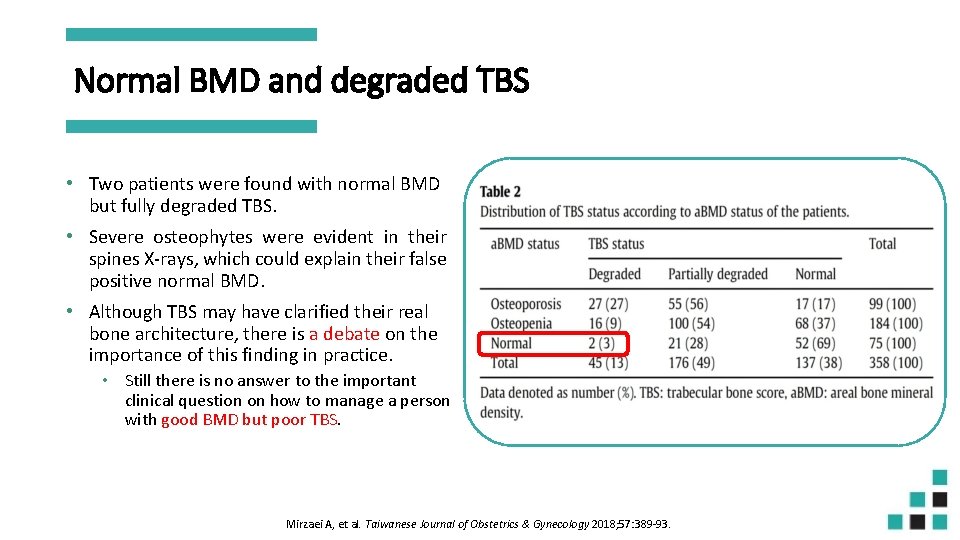 Normal BMD and degraded TBS • Two patients were found with normal BMD but