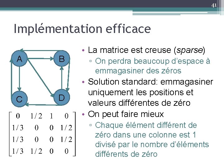 41 Implémentation efficace A C B D • La matrice est creuse (sparse) ▫