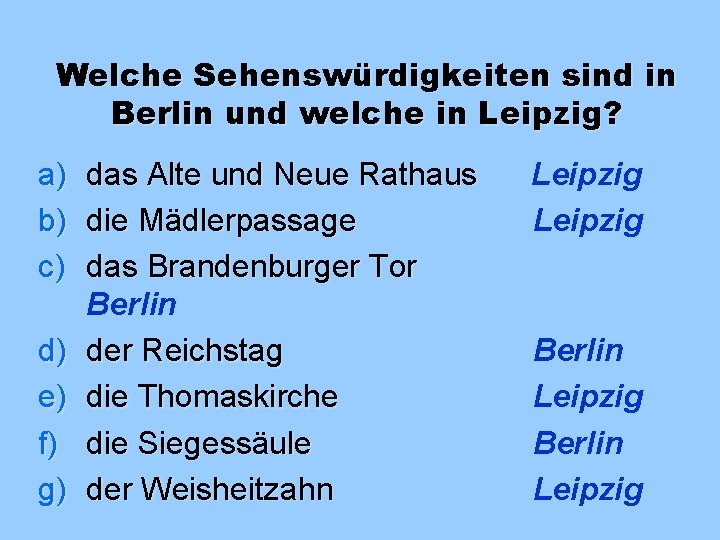 Welche Sehenswürdigkeiten sind in Berlin und welche in Leipzig? a) b) c) d) e)