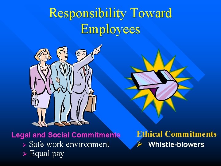 Responsibility Toward Employees Legal and Social Commitments Ø Safe work environment Ø Equal pay