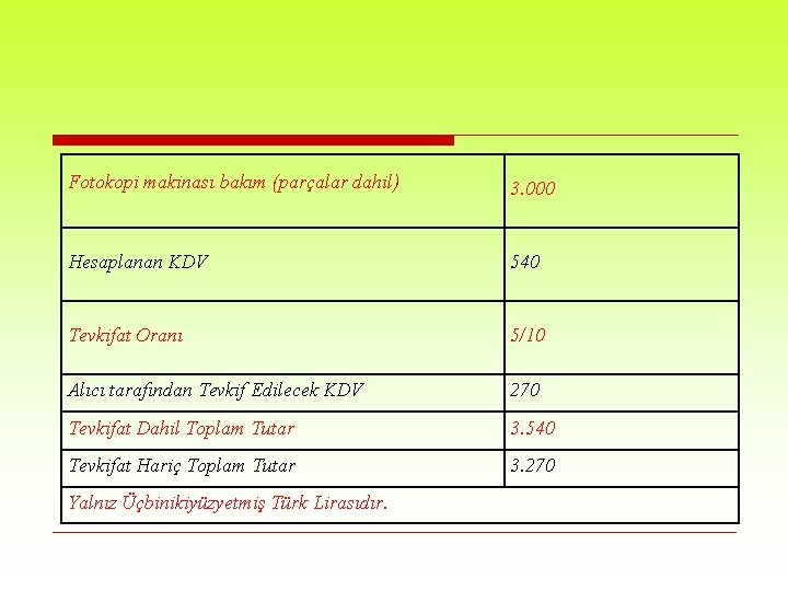 Fotokopi makinası bakım (parçalar dahil) 3. 000 Hesaplanan KDV 540 Tevkifat Oranı 5/10 Alıcı