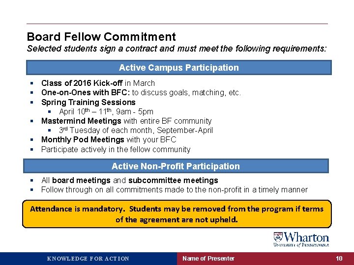 Board Fellow Commitment Selected students sign a contract and must meet the following requirements:
