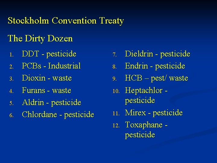 Stockholm Convention Treaty The Dirty Dozen 1. 2. 3. 4. 5. 6. DDT -