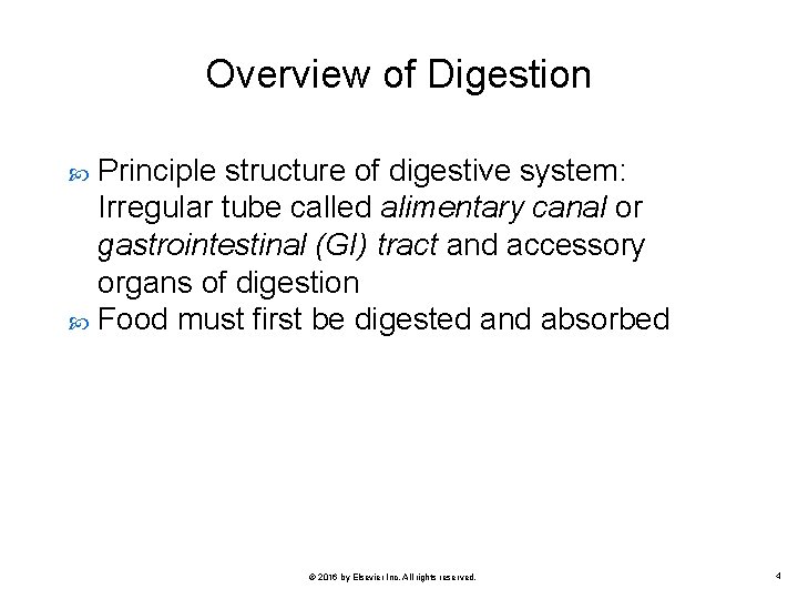 Overview of Digestion Principle structure of digestive system: Irregular tube called alimentary canal or