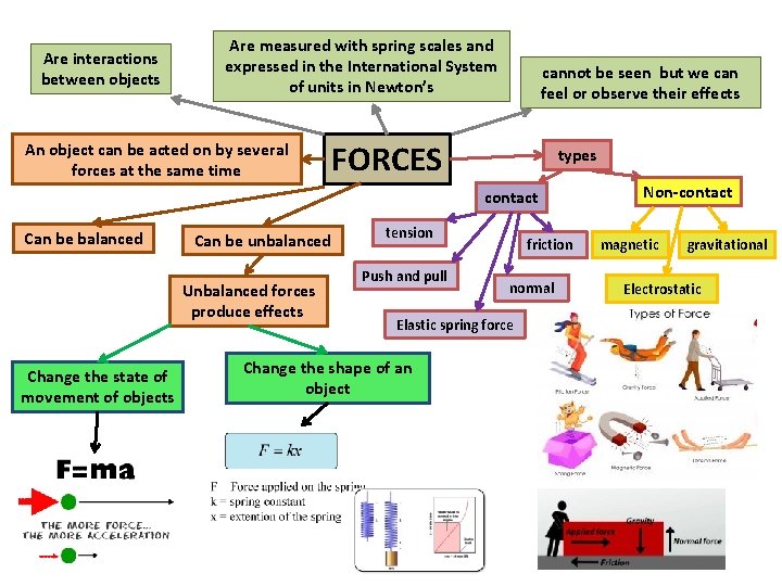 Are interactions between objects Are measured with spring scales and expressed in the International