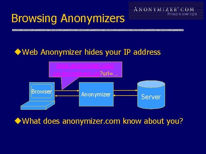 Browsing Anonymizers u. Web Anonymizer hides your IP address www. anonymizer. com/ cgi-bin/redirect. cgi?