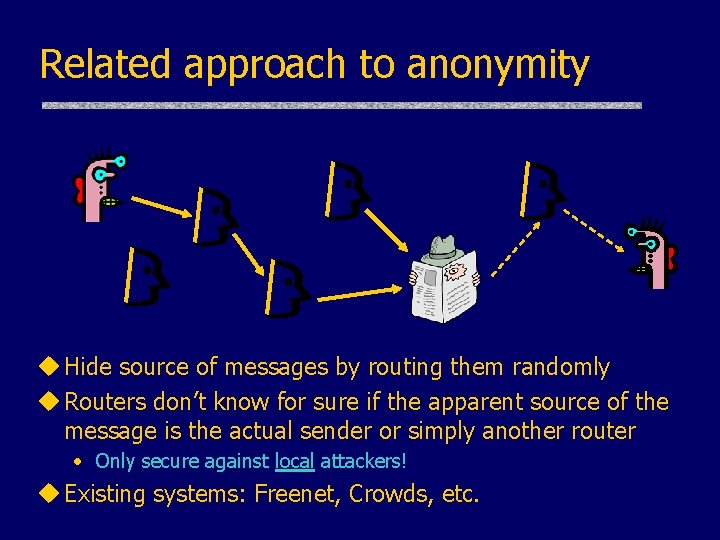 Related approach to anonymity u Hide source of messages by routing them randomly u