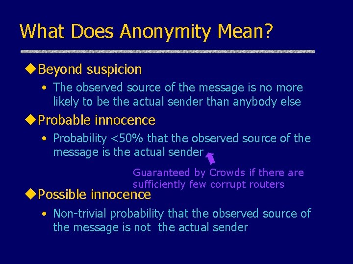 What Does Anonymity Mean? u. Beyond suspicion • The observed source of the message