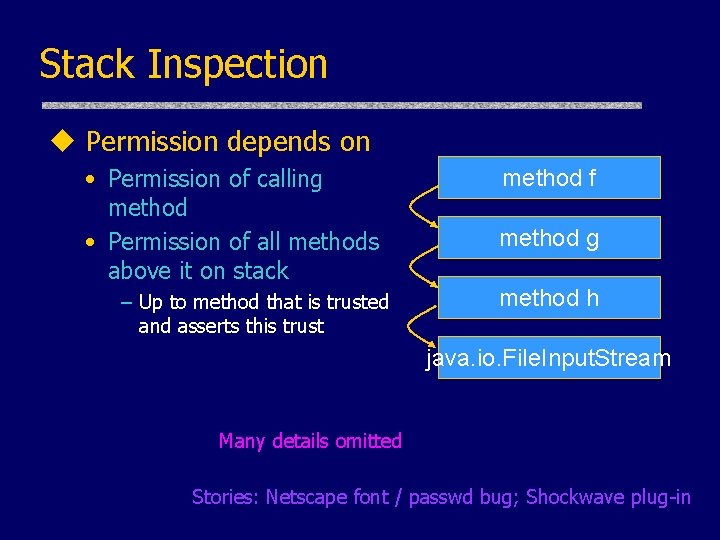 Stack Inspection u Permission depends on • Permission of calling method • Permission of