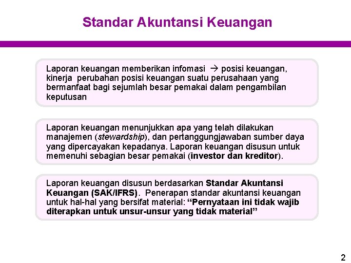 Standar Akuntansi Keuangan Laporan keuangan memberikan infomasi posisi keuangan, kinerja perubahan posisi keuangan suatu