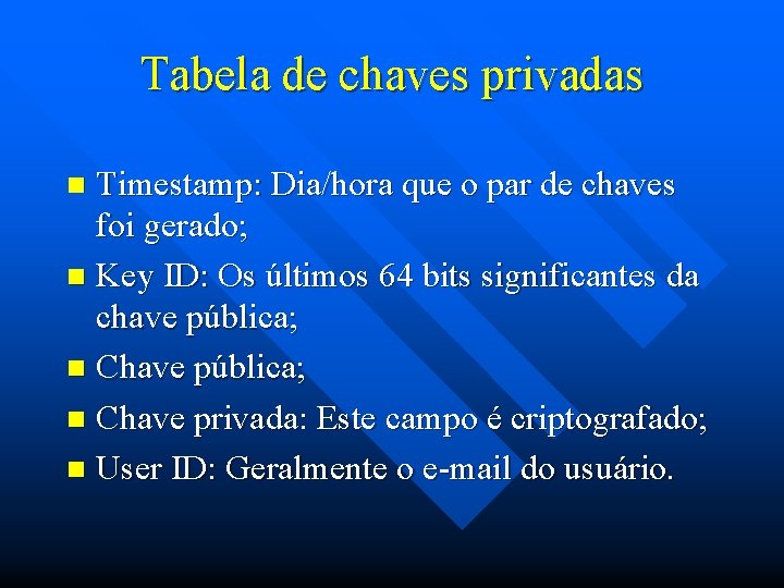 Tabela de chaves privadas Timestamp: Dia/hora que o par de chaves foi gerado; n