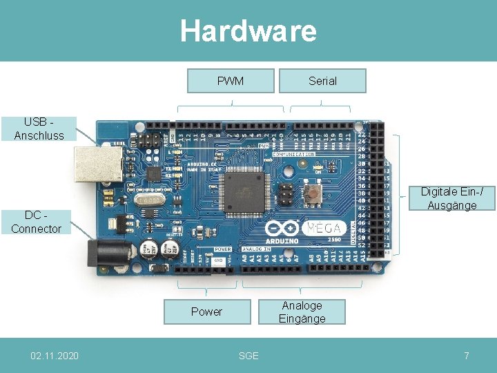 Hardware PWM Serial USB Anschluss Digitale Ein-/ Ausgänge DC Connector Analoge Eingänge Power 02.