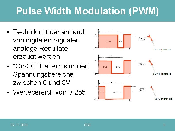 Pulse Width Modulation (PWM) • Technik mit der anhand von digitalen Signalen analoge Resultate