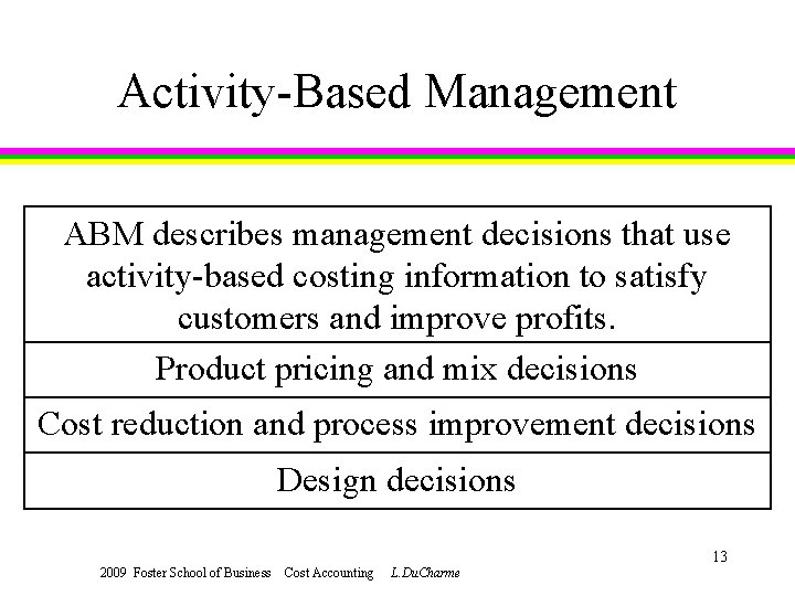 Activity-Based Management ABM describes management decisions that use activity-based costing information to satisfy customers