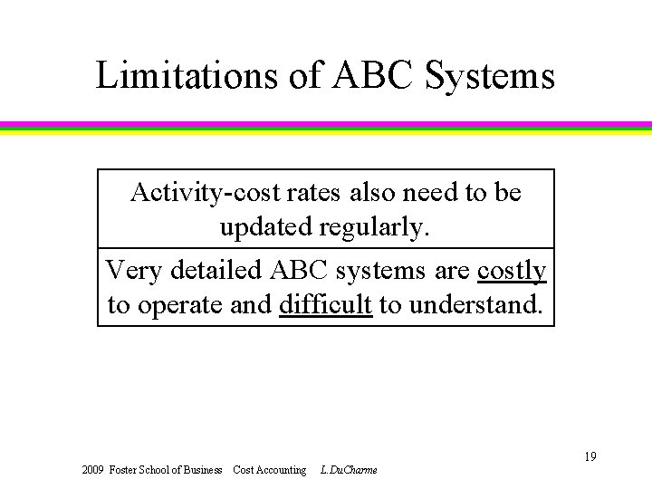 Limitations of ABC Systems Activity-cost rates also need to be updated regularly. Very detailed