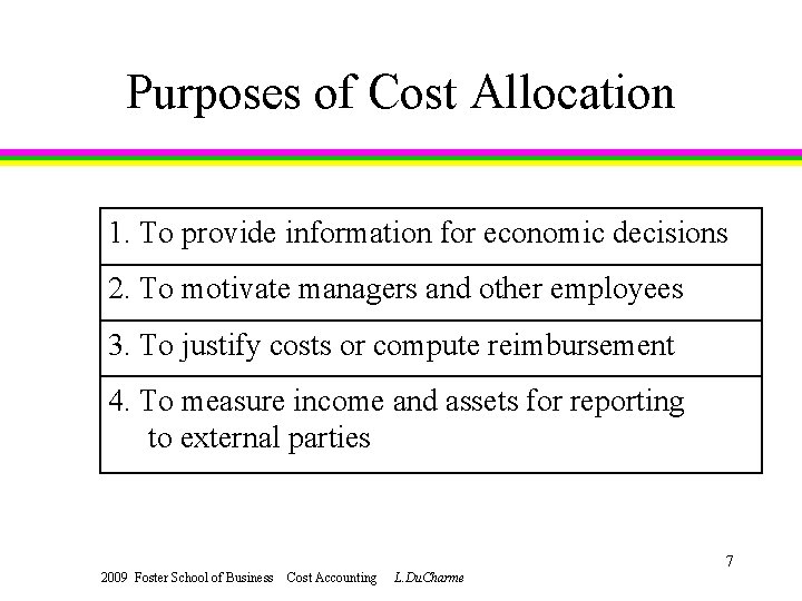 Purposes of Cost Allocation 1. To provide information for economic decisions 2. To motivate