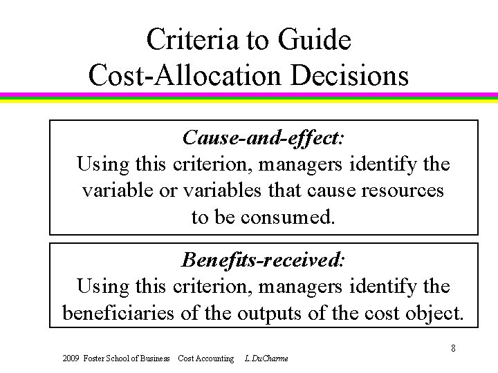 Criteria to Guide Cost-Allocation Decisions Cause-and-effect: Using this criterion, managers identify the variable or