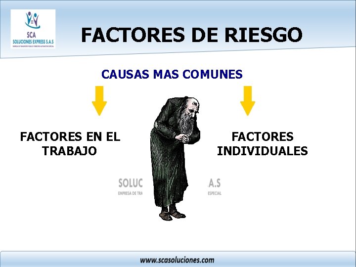 FACTORES DE RIESGO CAUSAS MAS COMUNES FACTORES EN EL TRABAJO FACTORES INDIVIDUALES 