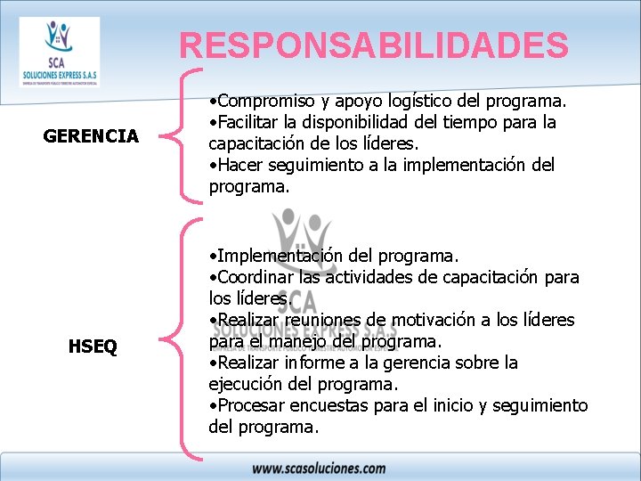 RESPONSABILIDADES GERENCIA HSEQ • Compromiso y apoyo logístico del programa. • Facilitar la disponibilidad
