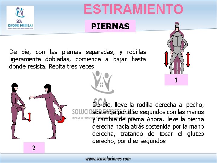 ESTIRAMIENTO PIERNAS De pie, con las piernas separadas, y rodillas ligeramente dobladas, comience a