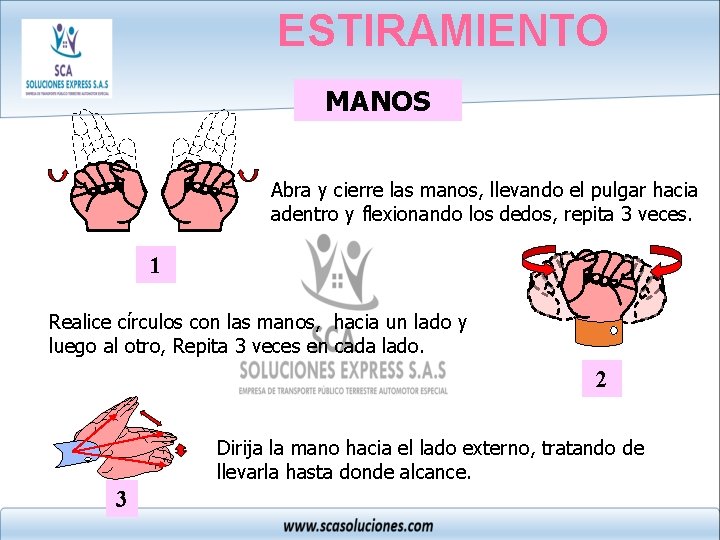 ESTIRAMIENTO MANOS Abra y cierre las manos, llevando el pulgar hacia adentro y flexionando