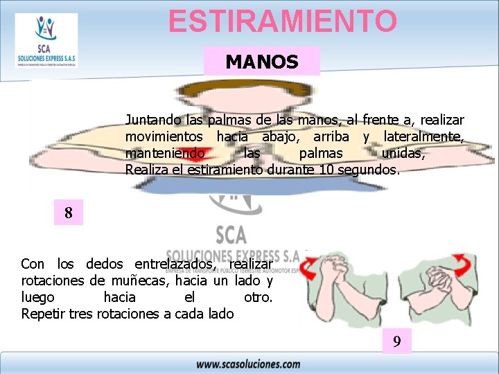 ESTIRAMIENTO MANOS Juntando las palmas de las manos, al frente a, realizar movimientos hacia