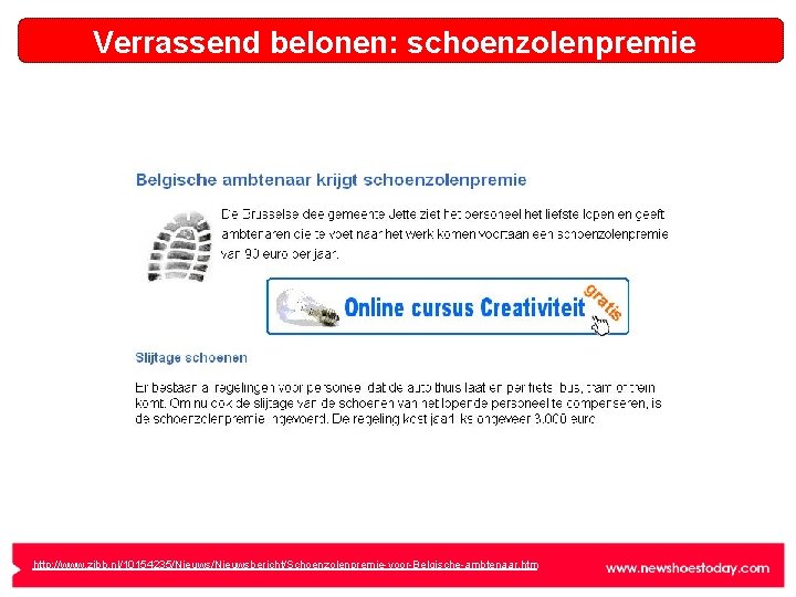 Verrassend belonen: schoenzolenpremie http: //www. zibb. nl/10154235/Nieuwsbericht/Schoenzolenpremie-voor-Belgische-ambtenaar. htm 