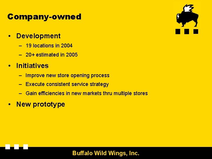 Company-owned • Development – 19 locations in 2004 – 20+ estimated in 2005 •