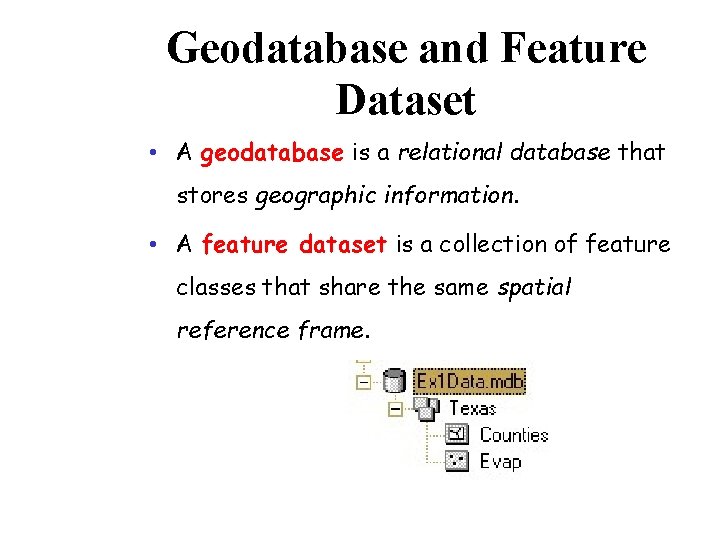 Geodatabase and Feature Dataset • A geodatabase is a relational database that stores geographic