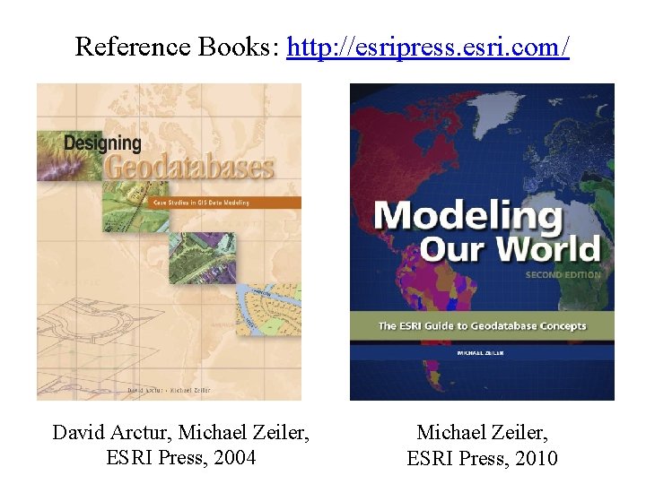 Reference Books: http: //esripress. esri. com/ David Arctur, Michael Zeiler, ESRI Press, 2004 Michael