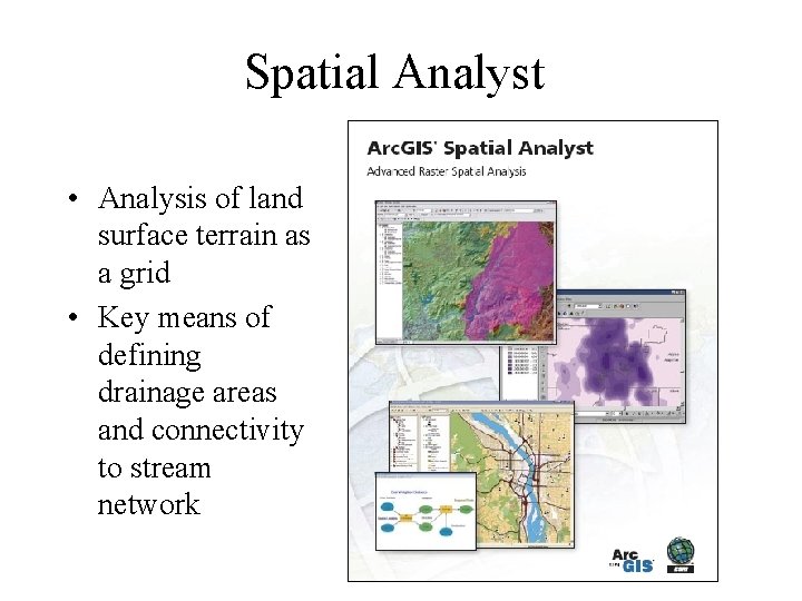 Spatial Analyst • Analysis of land surface terrain as a grid • Key means