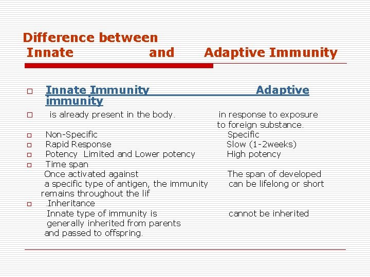  Difference between Innate and o o Adaptive Immunity Innate Immunity Adaptive immunity is