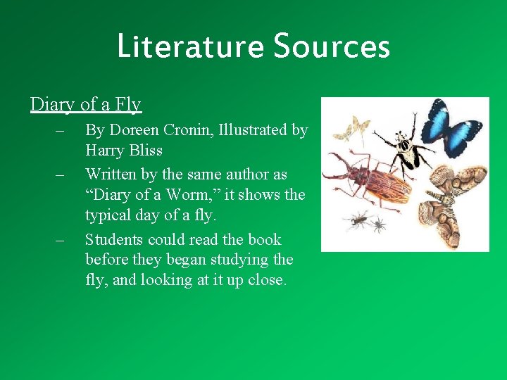 Literature Sources Diary of a Fly – – – By Doreen Cronin, Illustrated by