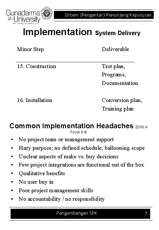 Sistem (Pengantar) Penunjang Keputusan Implementation System Delivery Minor Step Deliverable 15. Construction Test plan,