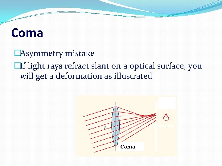 Coma �Asymmetry mistake �If light rays refract slant on a optical surface, you will