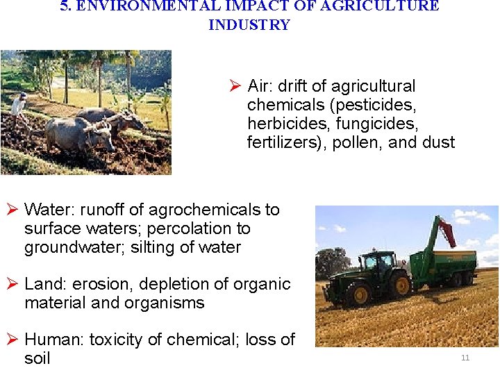 5. ENVIRONMENTAL IMPACT OF AGRICULTURE INDUSTRY Air: drift of agricultural chemicals (pesticides, herbicides, fungicides,