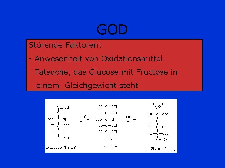 GOD Störende Faktoren: - Anwesenheit von Oxidationsmittel - Tatsache, das Glucose mit Fructose in