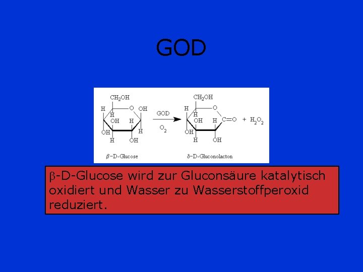 GOD -D-Glucose wird zur Gluconsäure katalytisch oxidiert und Wasser zu Wasserstoffperoxid reduziert. 