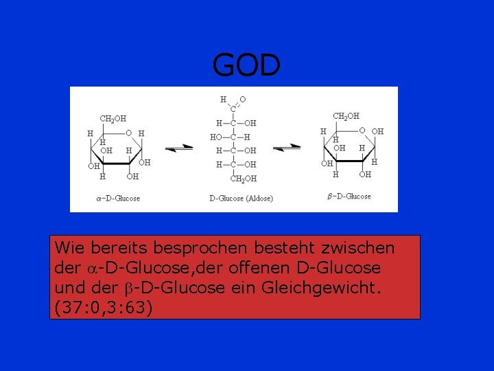 GOD Wie bereits besprochen besteht zwischen der -D-Glucose, der offenen D-Glucose und der -D-Glucose GOD Wie bereits besprochen besteht zwischen der -D-Glucose, der offenen D-Glucose und der -D-Glucose
