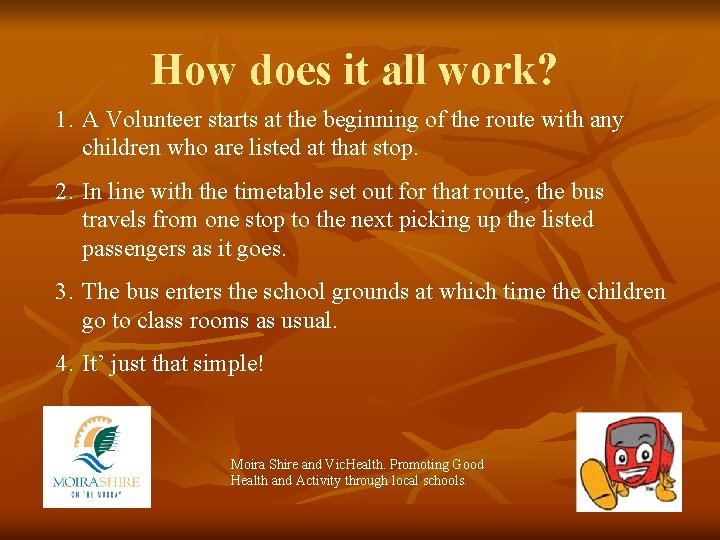 How does it all work? 1. A Volunteer starts at the beginning of the