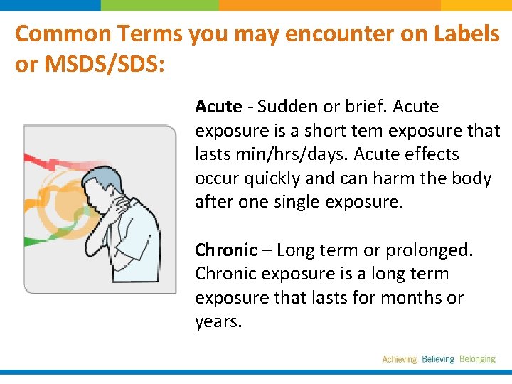 Common Terms you may encounter on Labels or MSDS/SDS: Acute - Sudden or brief.
