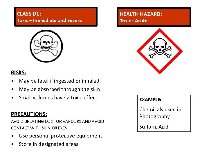 CLASS D 1: Toxic – Immediate and Severe HEALTH HAZARD: Toxic - Acute Toxic