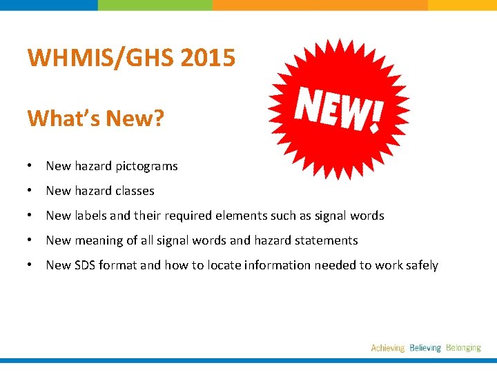 WHMIS/GHS 2015 What’s New? • New hazard pictograms • New hazard classes • New