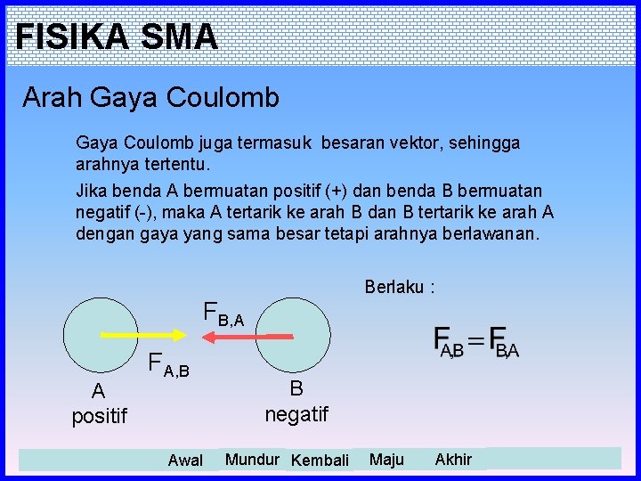 FISIKA SMA Arah Gaya Coulomb juga termasuk besaran vektor, sehingga arahnya tertentu. Jika benda