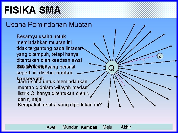 FISIKA SMA Usaha Pemindahan Muatan Besarnya usaha untuk memindahkan muatan ini tidak tergantung pada