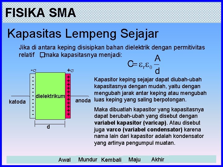 FISIKA SMA Kapasitas Lempeng Sejajar Jika di antara keping disisipkan bahan dielektrik dengan permitivitas