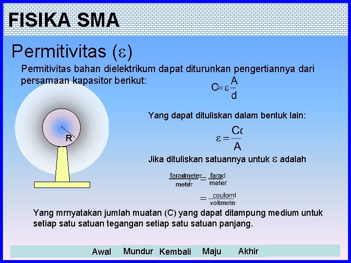 FISIKA SMA Permitivitas ( ) Permitivitas bahan dielektrikum dapat diturunkan pengertiannya dari persamaan kapasitor
